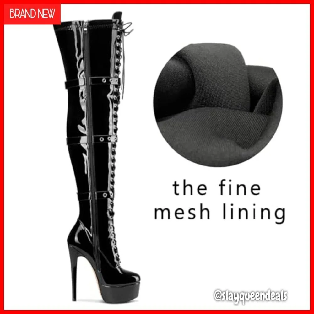 Over The Knee Thigh High Boots Stiletto Platform Round Toe Lace-up Buckle